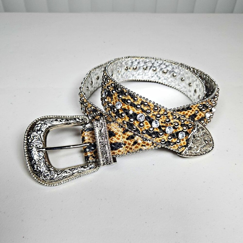GUESS Y2K Leopard Print Rhinestone Belt Studded Western Bling Size M Festival